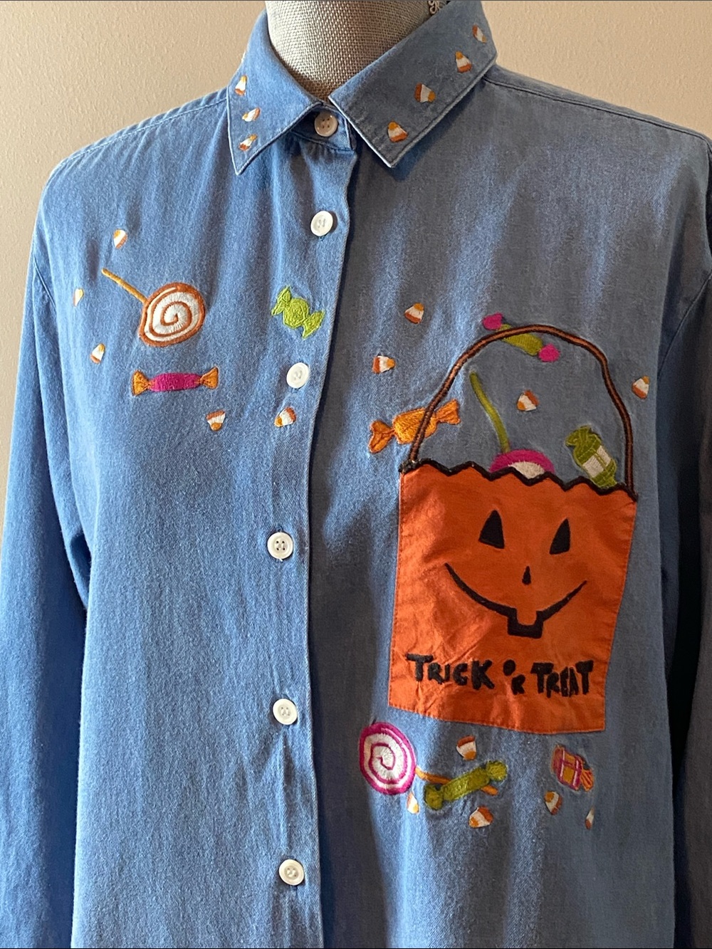 Karen Scott Blue Button-Down Shirt with Orange Pumpkin Trick-or-Treat Pocket